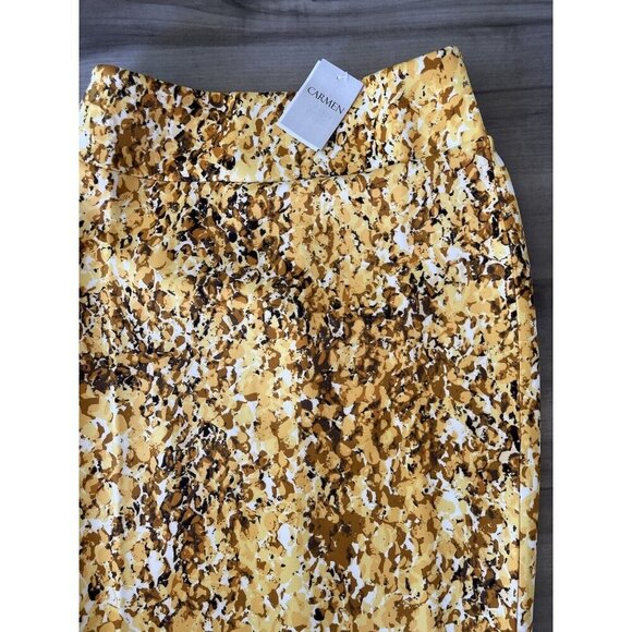 Carmen Marc Valvo Yellow Gold Brown Scuba Pencil Skirt Size M New $58 No wrinkle - Picture 2 of 5